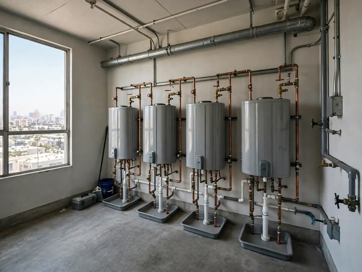 Row of water heaters in an apartment building utility room