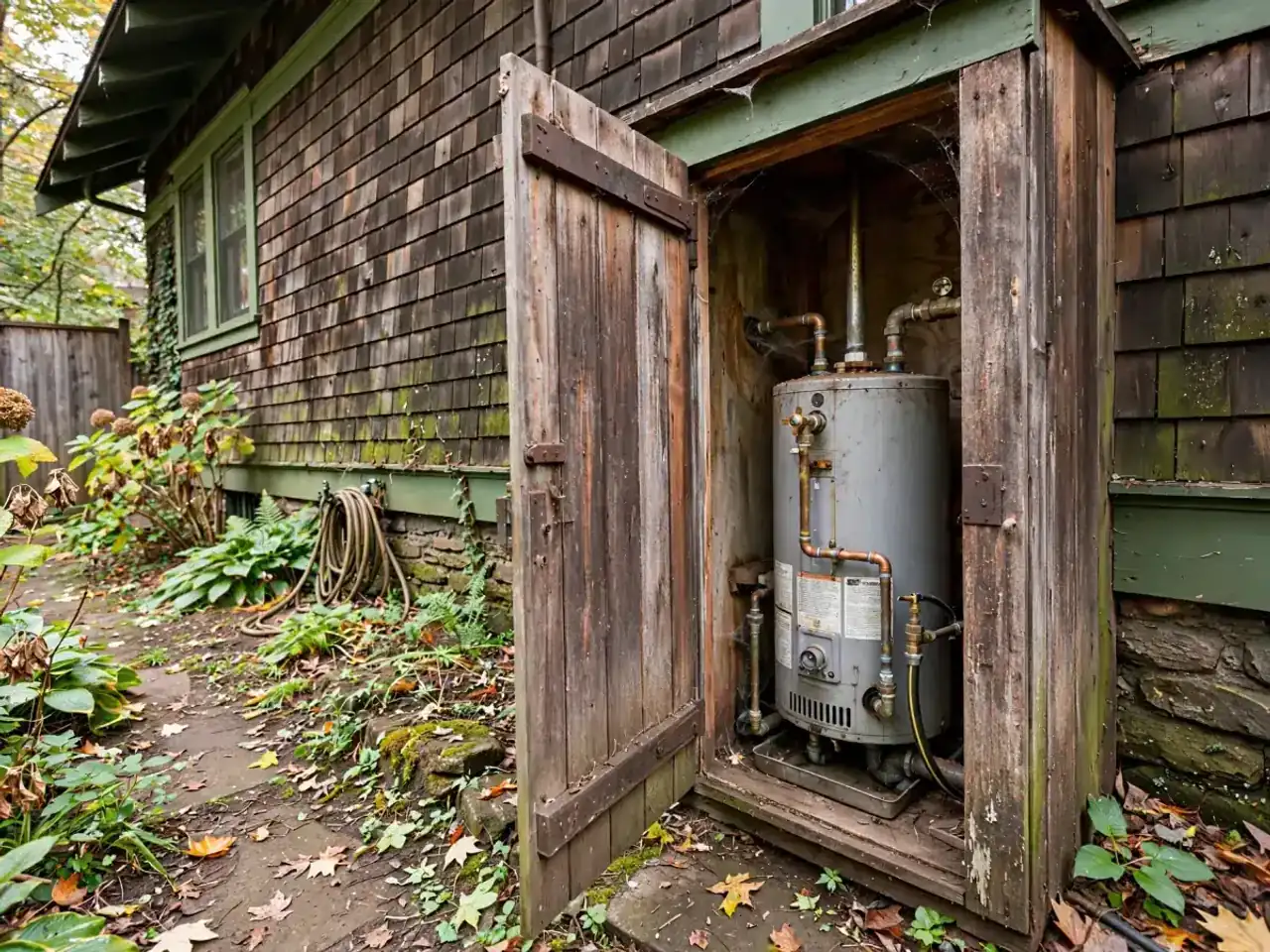 Weathered exterior water heater closet beside a Craftsman bungalow, door open