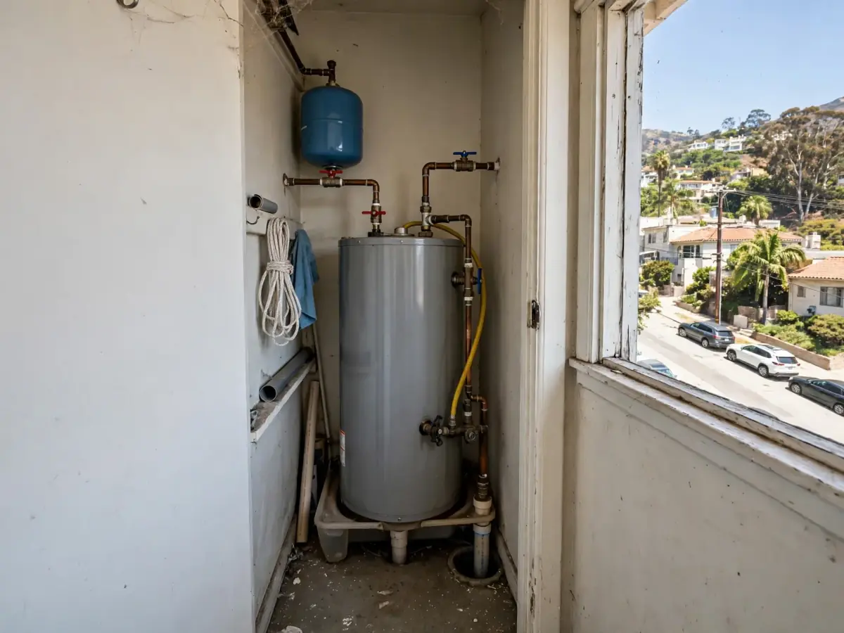 Tank water heater in a narrow closet of a hillside home, steep street visible through the window