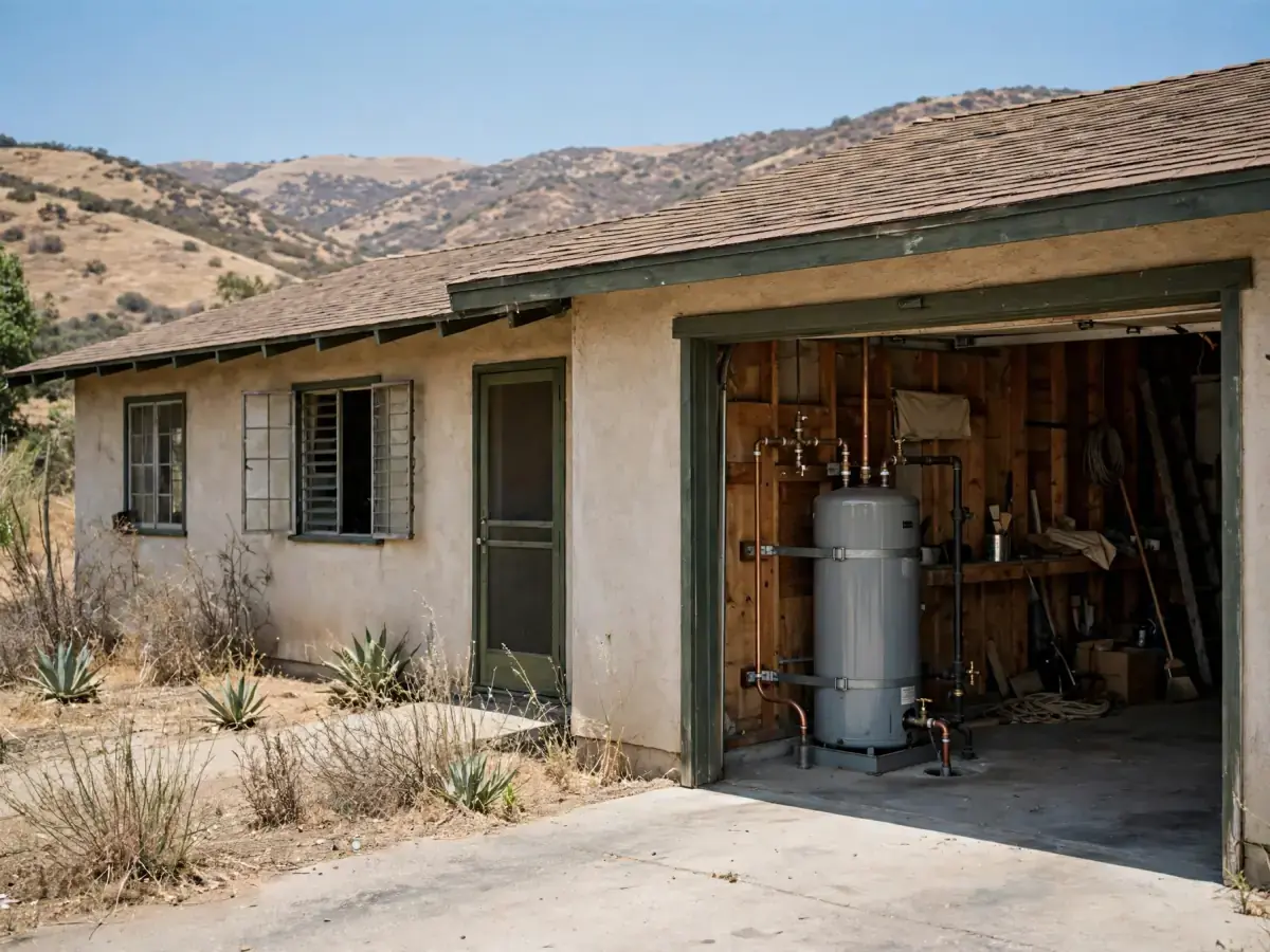 San Fernando Valley ranch house with a tank water heater in the open garage
