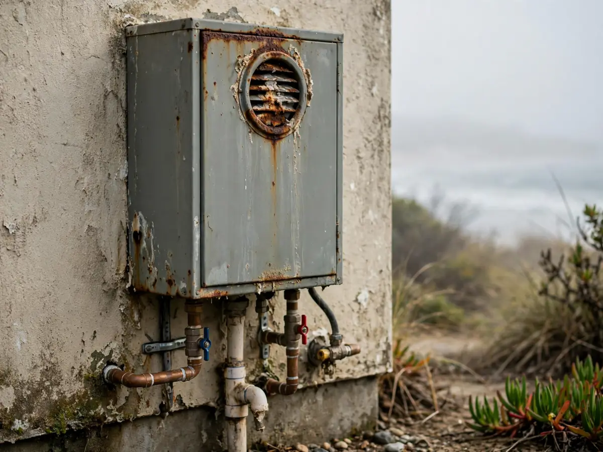 Outdoor water heater cabinet with salt-air corrosion on its metal vent