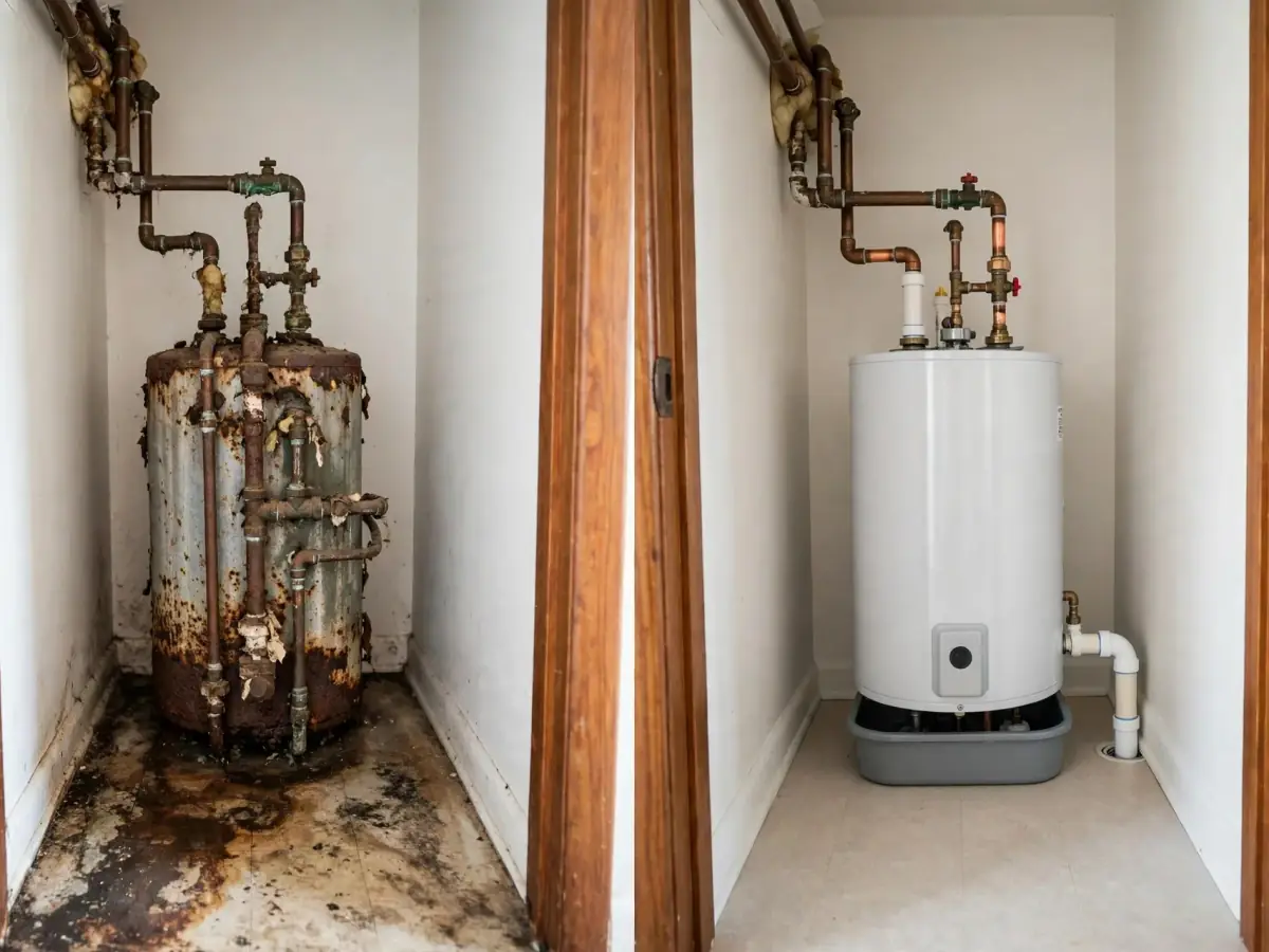Before and after: a corroded closet water heater replaced by a new one in a drain pan