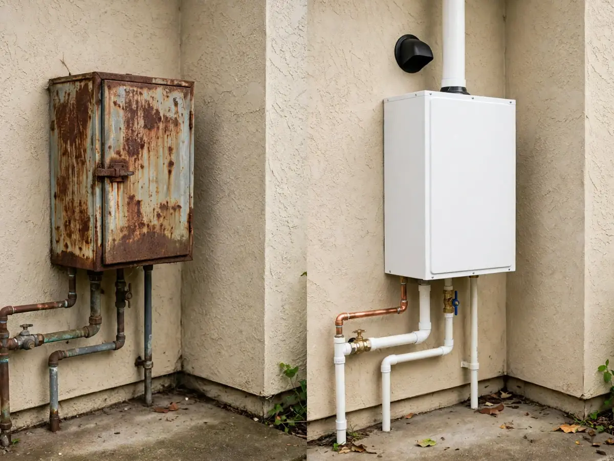 Before and after: a rusty outdoor water heater cabinet replaced by a new outdoor unit