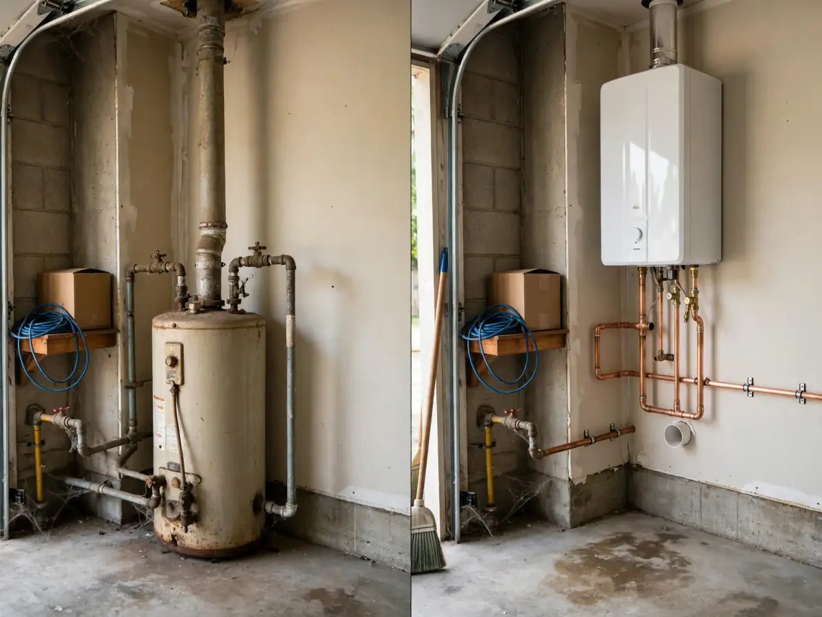Before and after: a gas tank water heater replaced by a wall-mounted tankless unit