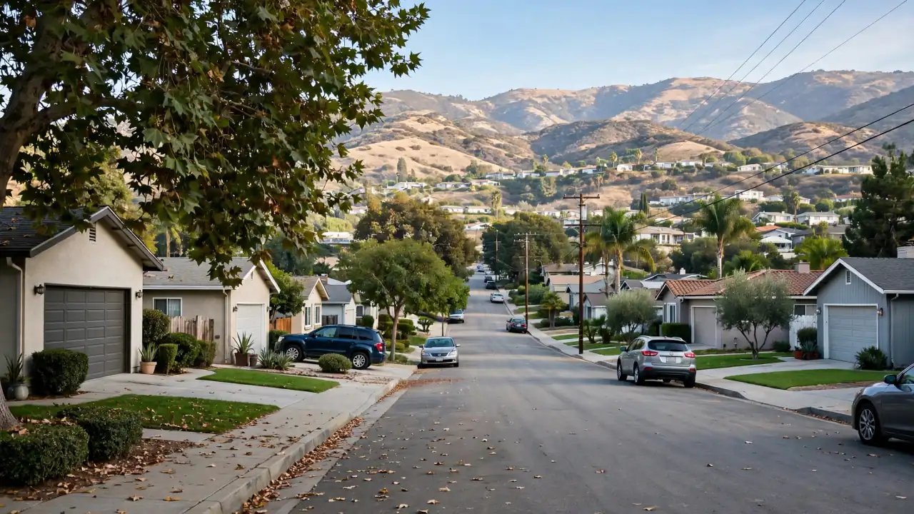 Burbank street of tidy post-war ranch homes with driveways and garages, hills in the distance