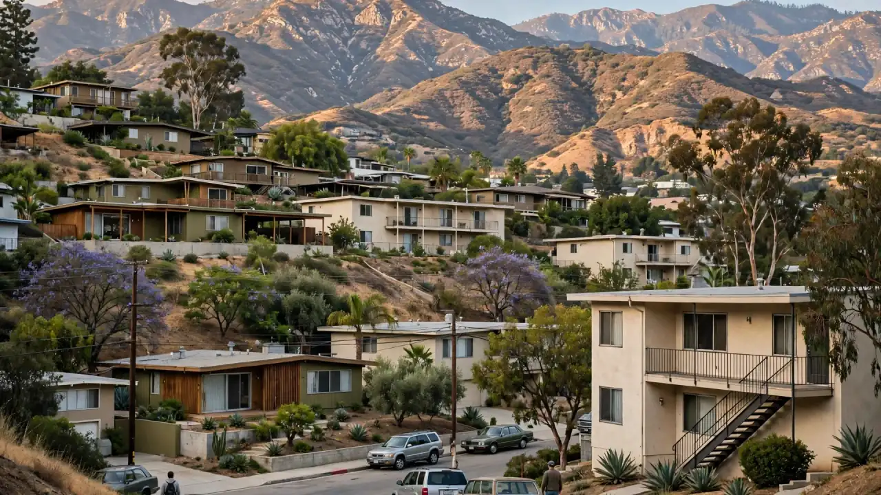 Glendale hillside homes and apartment buildings with the Verdugo Mountains behind