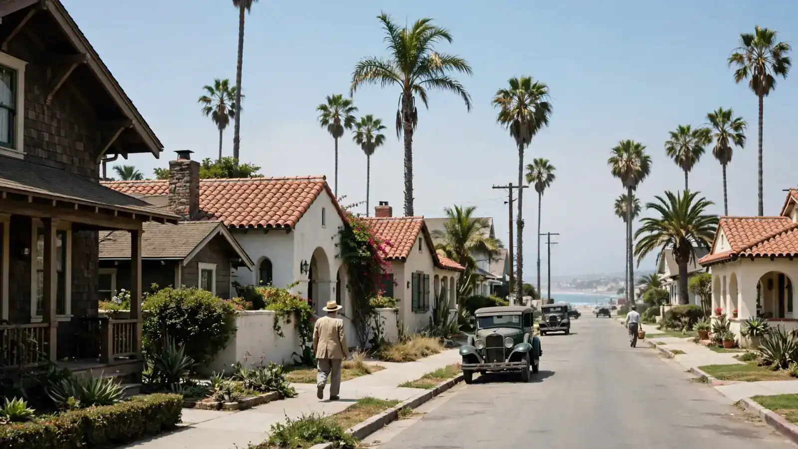 Long Beach street of Craftsman and Spanish bungalows with palm trees near the coast
