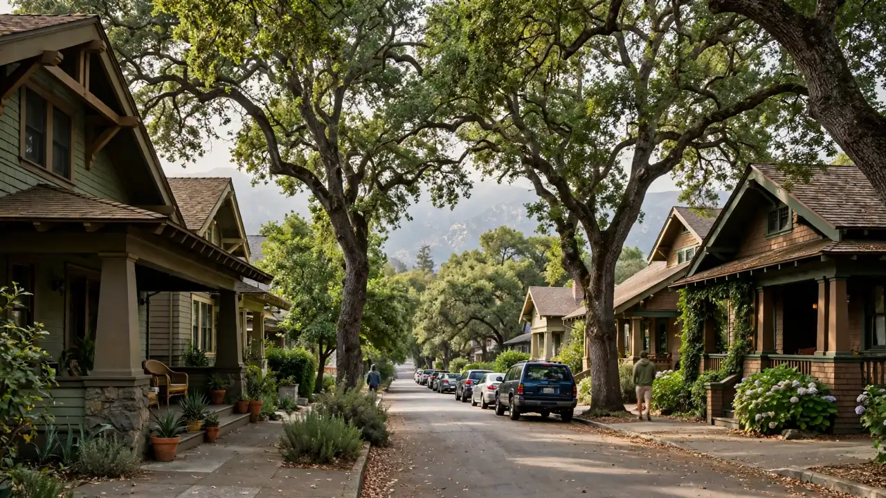 Pasadena street of Craftsman bungalows with deep porches under mature oaks
