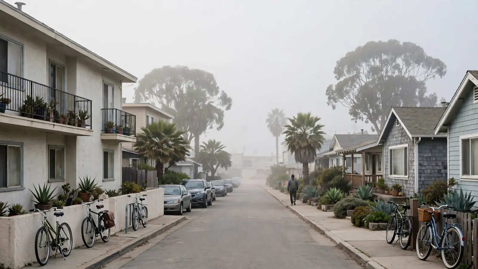 Santa Monica residential street with low apartment buildings and bungalows, ocean haze and bicycles