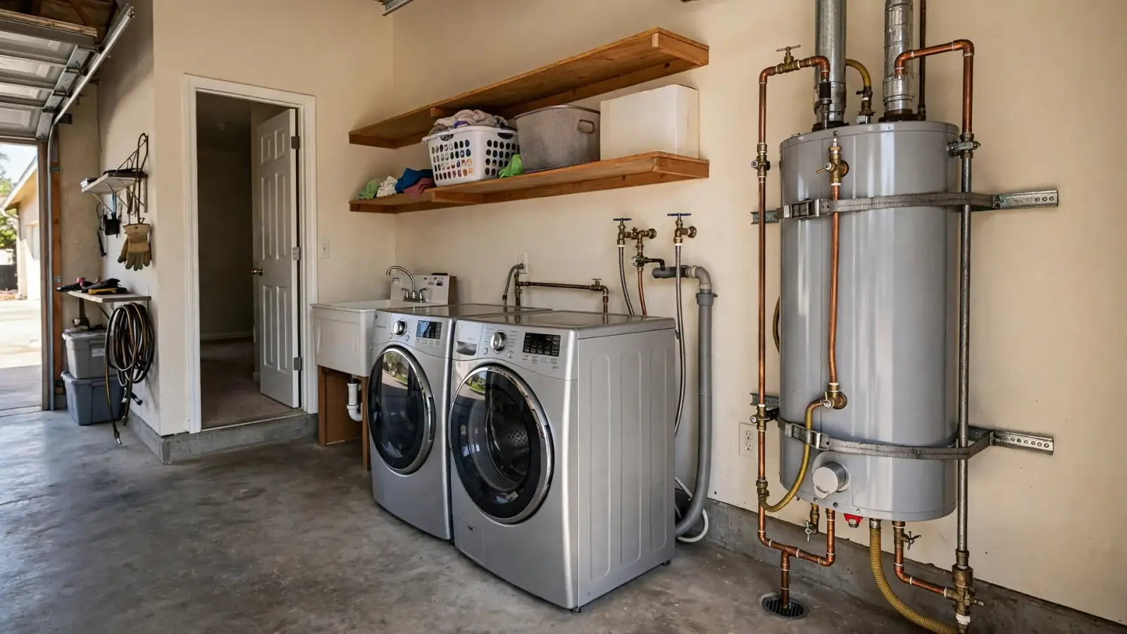 Attached garage of a ranch house with a strapped tank water heater next to a laundry area