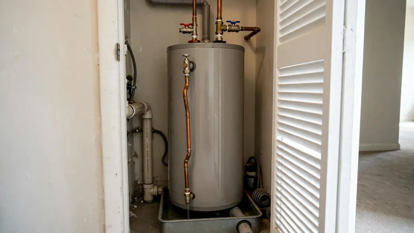 Water heater in a compact apartment building utility closet with a drain pan