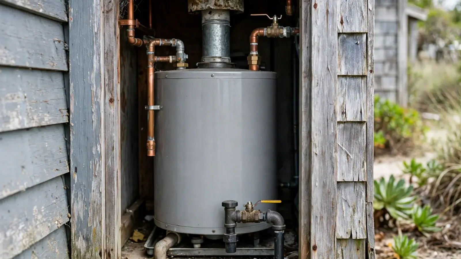 Tank water heater in an exterior closet of a coastal bungalow with weathered wood siding