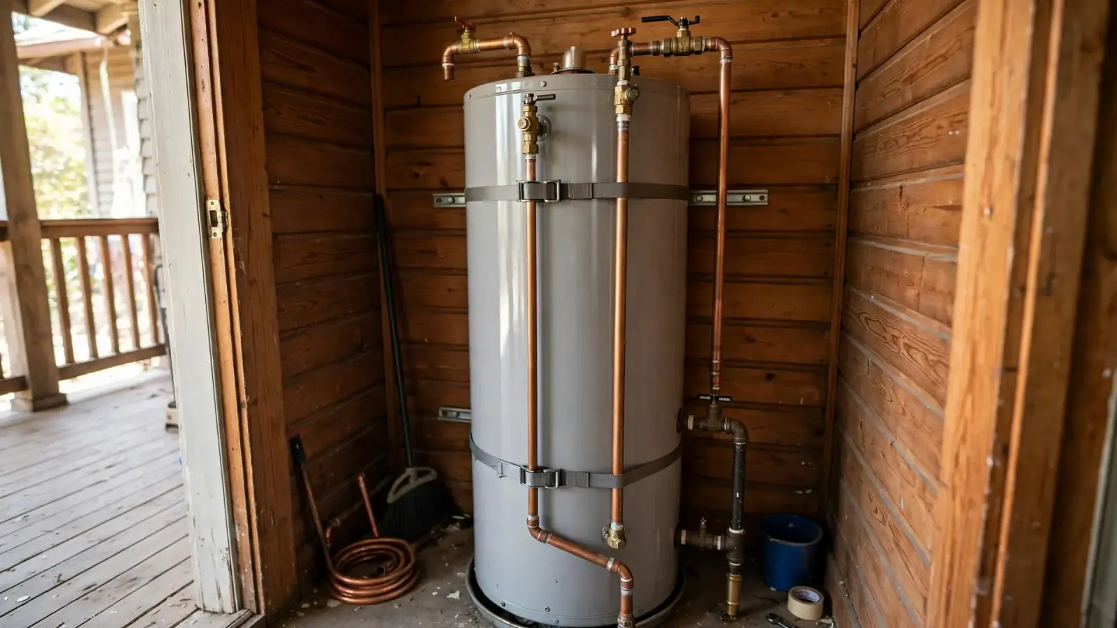 Strapped tank water heater in a wood-paneled back-porch closet of a Craftsman house