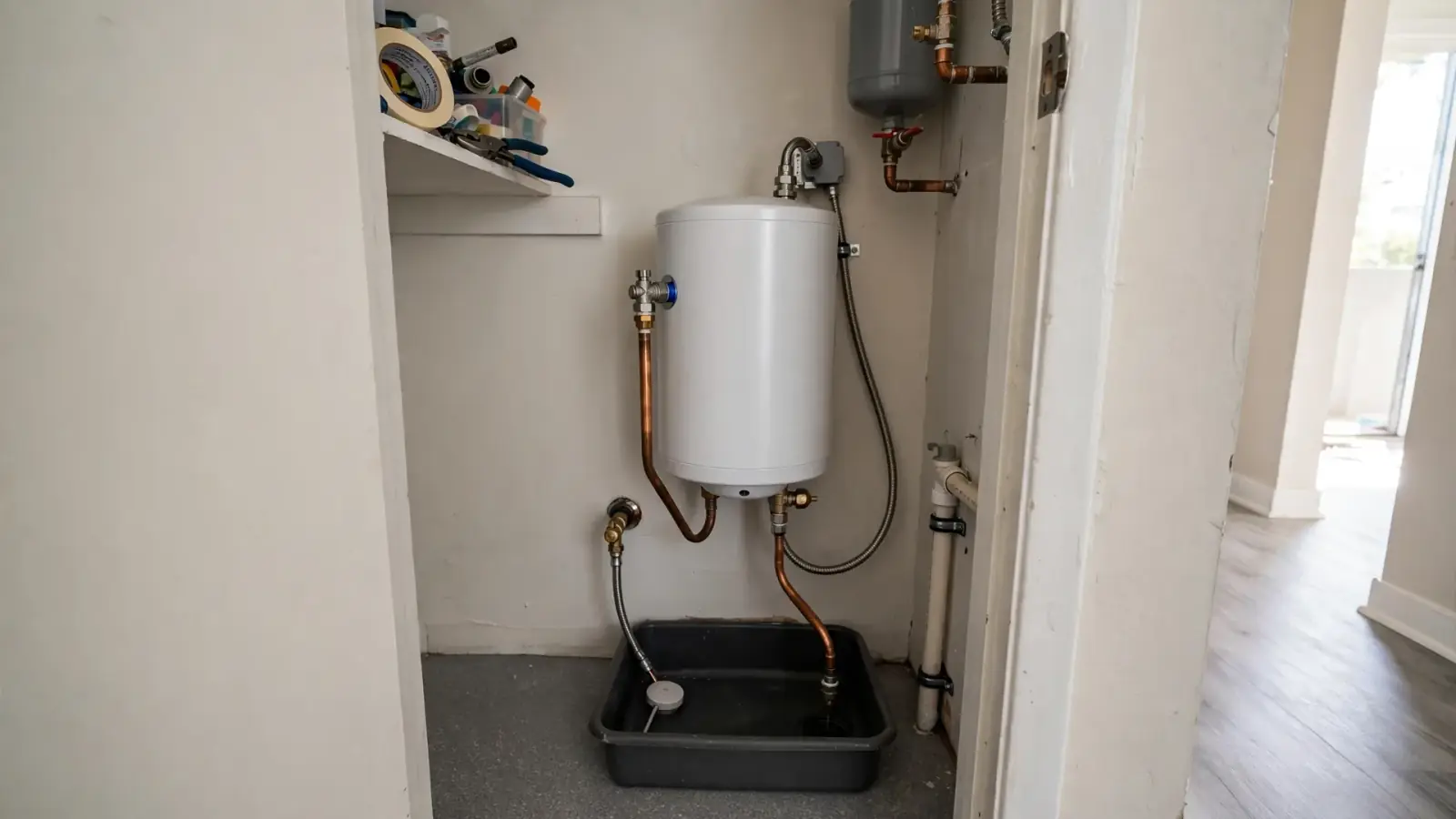 Compact electric water heater above a drain pan in a condo utility closet