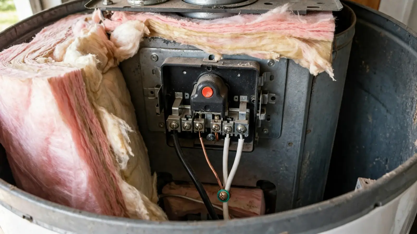 Electric water heater thermostat with a red reset button behind the open access panel