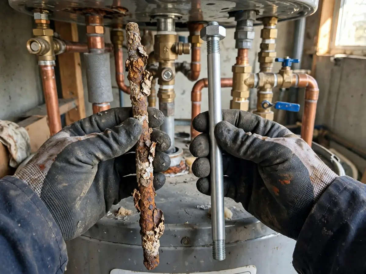 An old, heavily corroded anode rod held next to a new anode rod