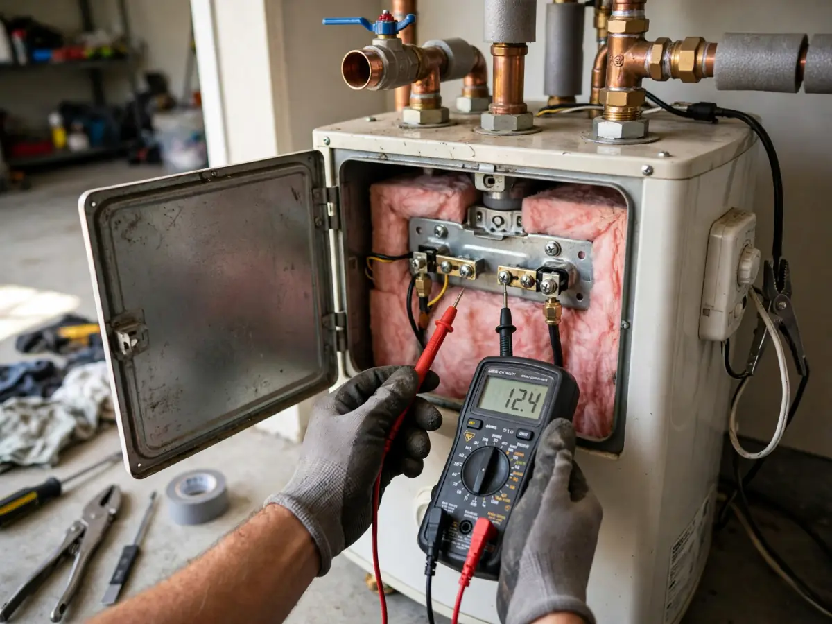 Technician testing an electric water heater element with a multimeter