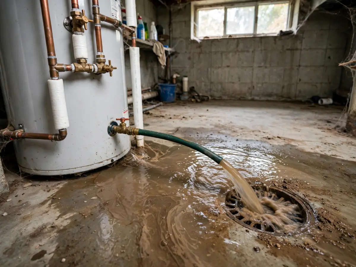 Garden hose on a water heater drain valve flushing cloudy water into a floor drain
