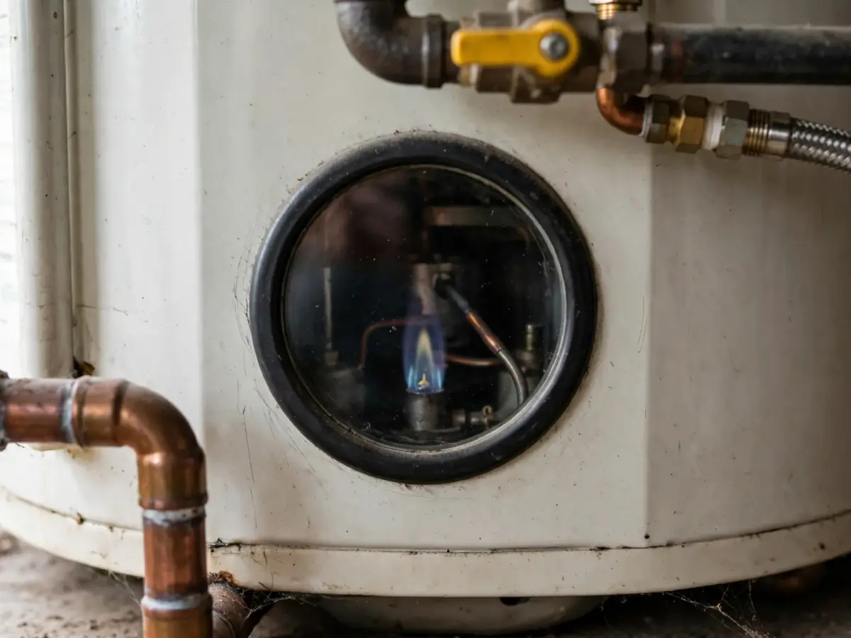 Small blue pilot flame visible through the burner access window of a gas water heater