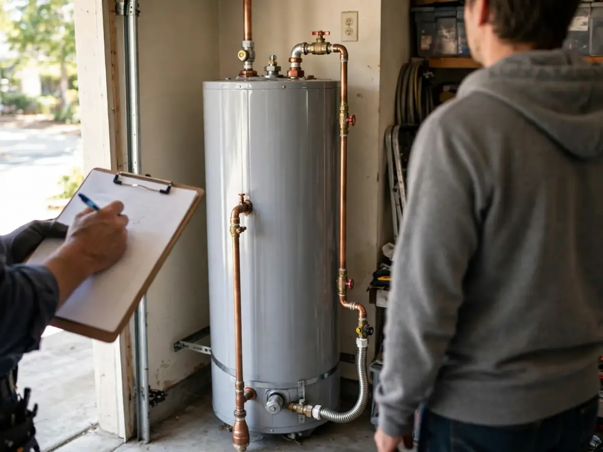 Plumber writing notes on a clipboard beside a water heater