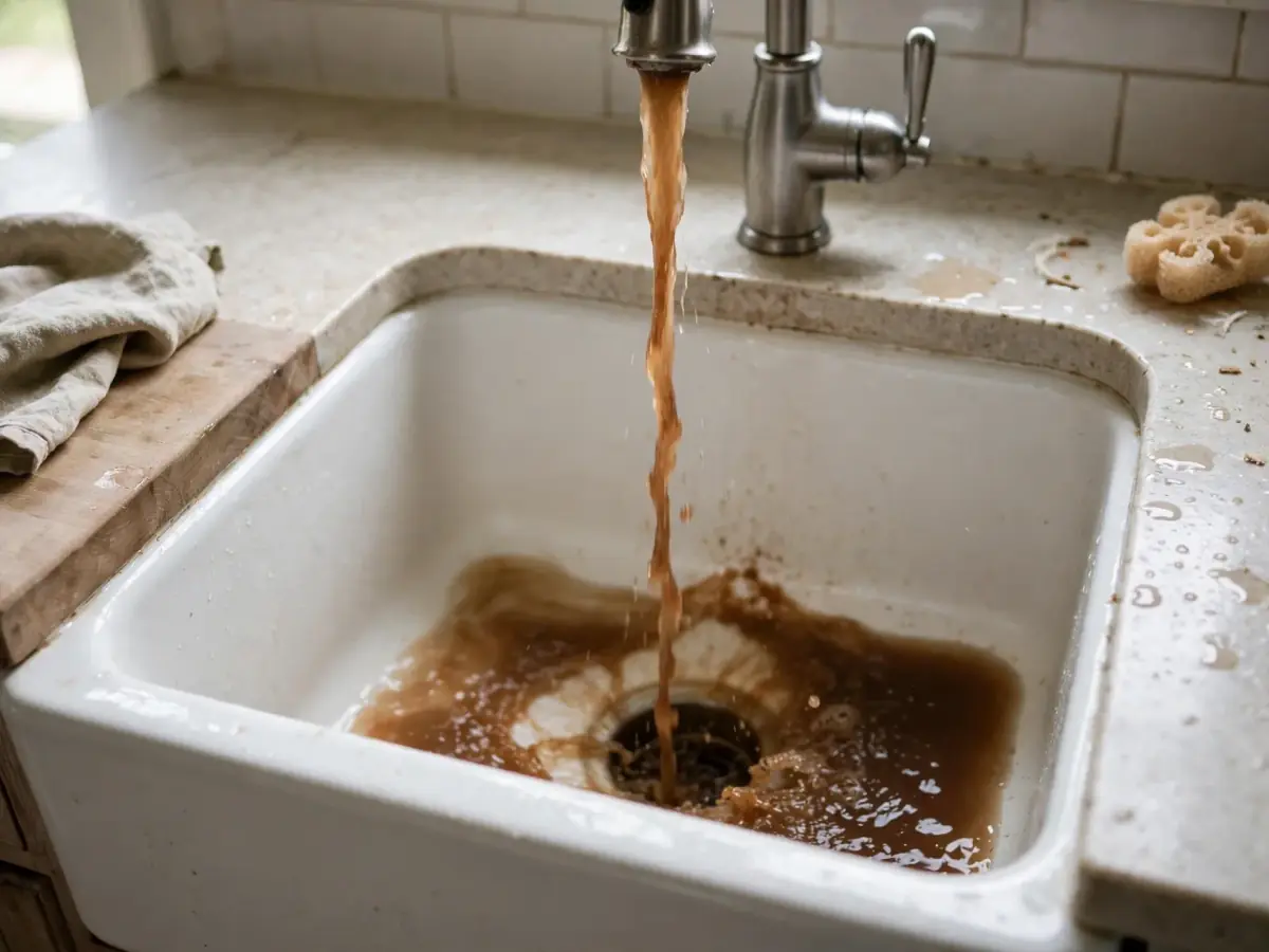 Rusty brown water running from a kitchen faucet into a white sink