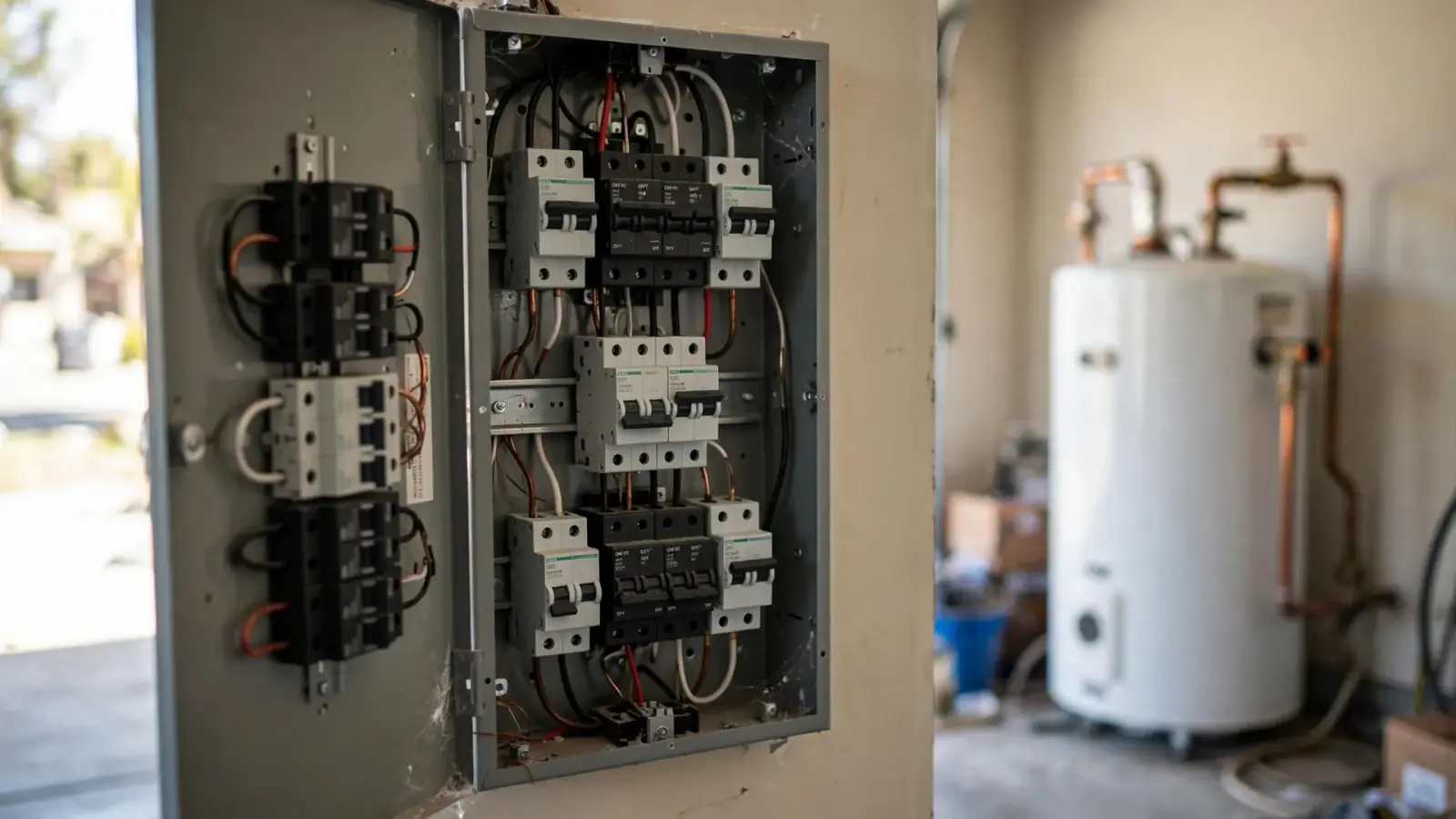 Open electrical panel with rows of circuit breakers in a garage, a white tank water heater beside it