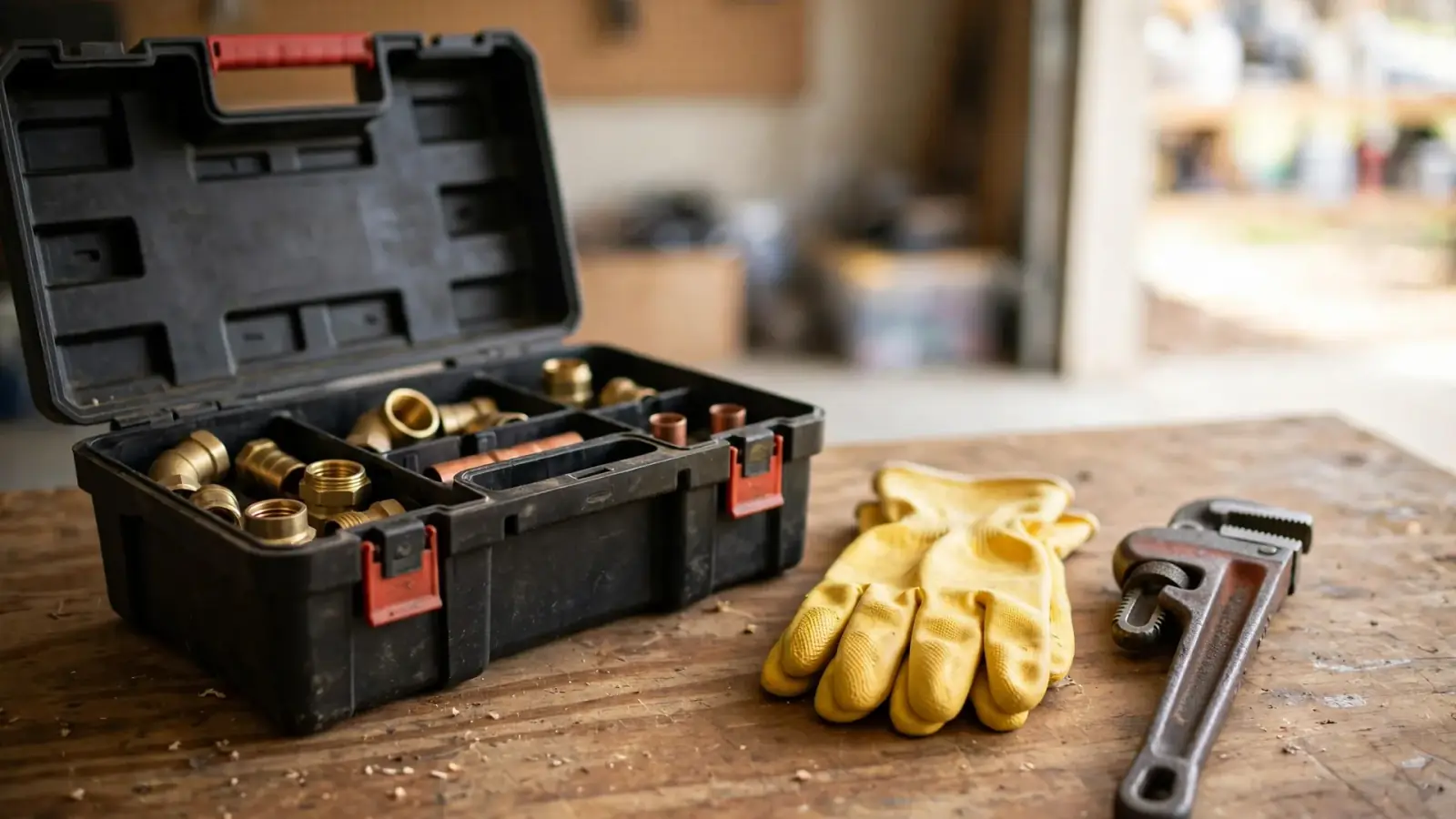 Plumber's toolbox, gloves and pipe wrench laid out on a garage workbench