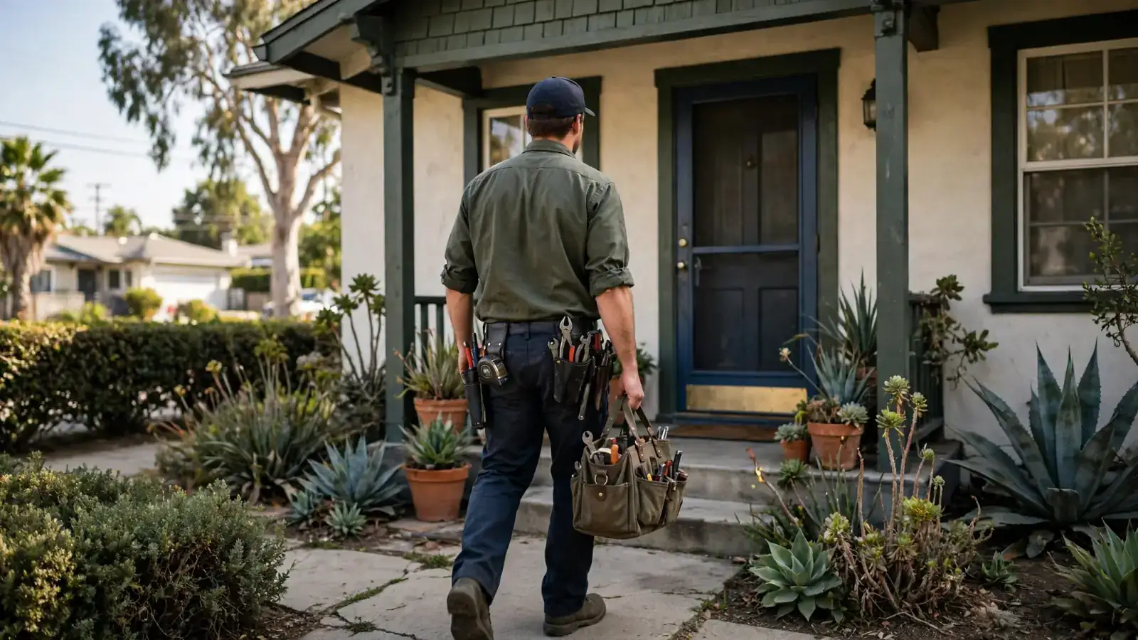 Plumber with a tool bag walking up to the front door of a Los Angeles bungalow