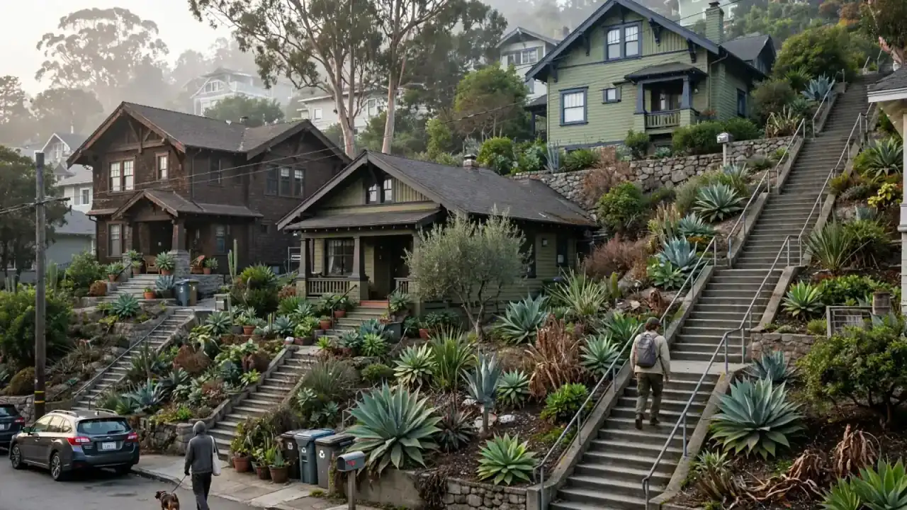 Silver Lake hillside with Craftsman houses and public stairs in the morning