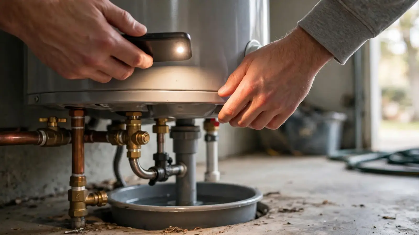 Homeowner using a phone flashlight to inspect the base of a water heater