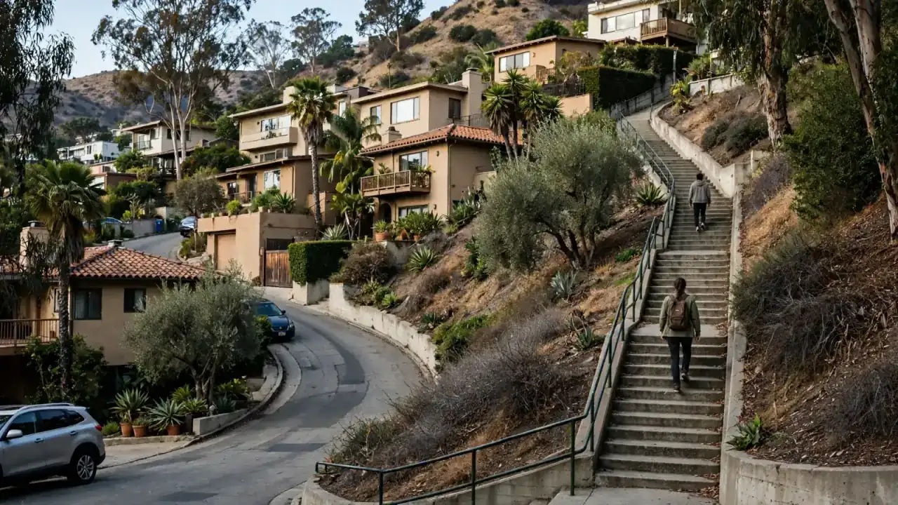 Narrow winding Hollywood Hills street lined with hillside homes and stairs