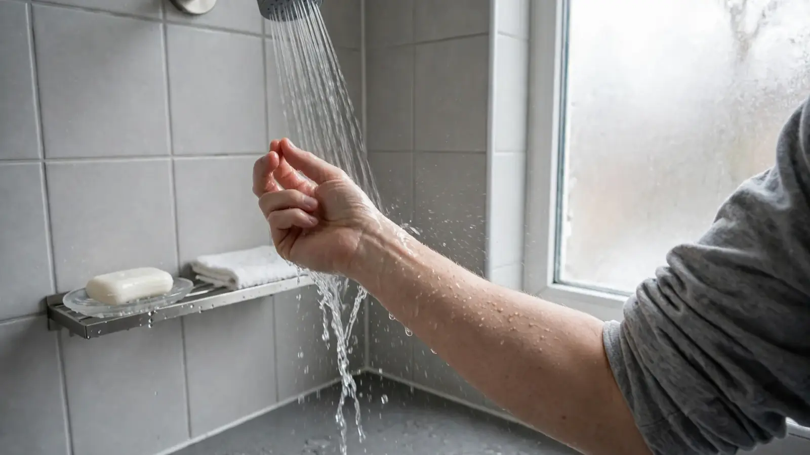 Hand under a cold shower stream in a tiled bathroom