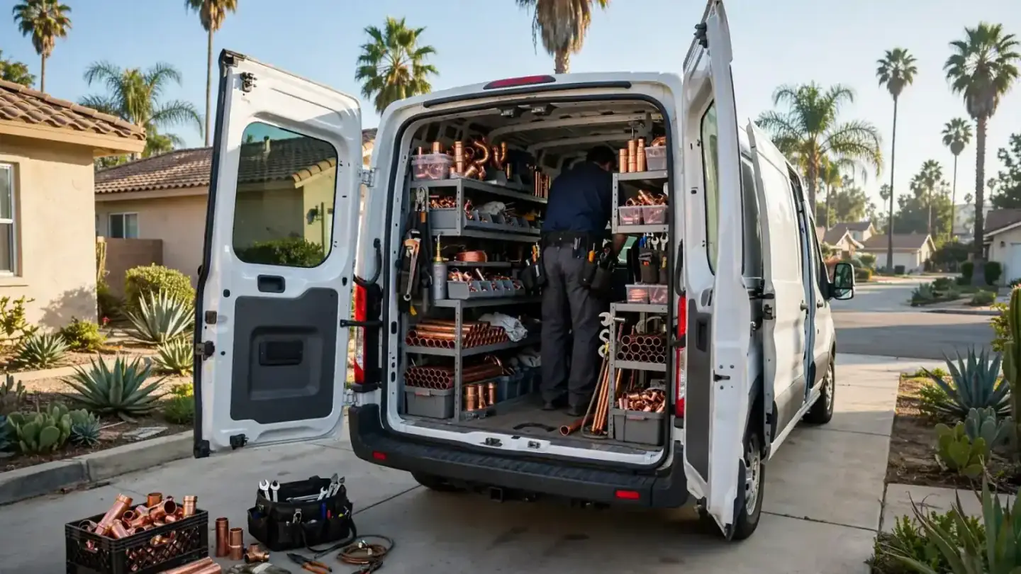 Plumber's work van open in a Los Angeles driveway with copper fittings and tools organized inside