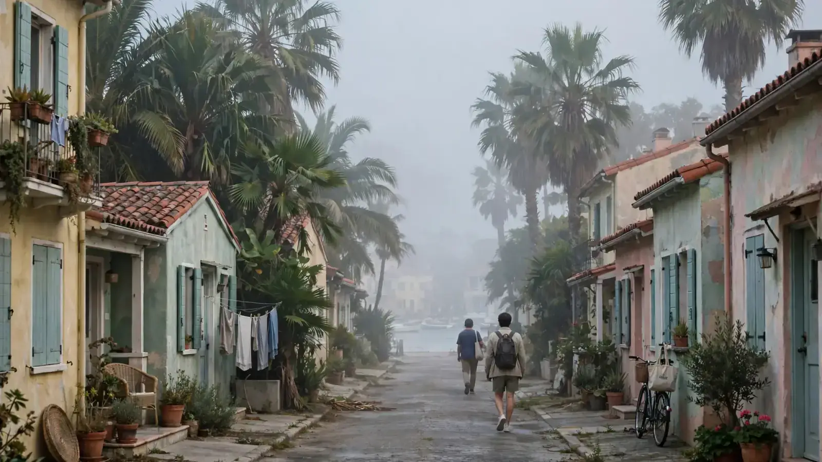 Coastal bungalow street with palm trees and marine haze on the Westside of Los Angeles