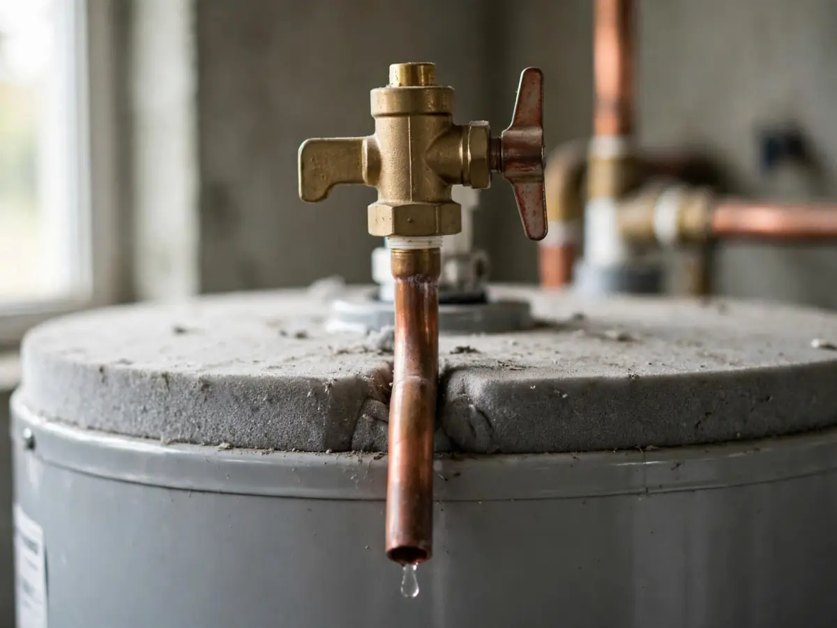 Water heater relief valve with water dripping from its discharge pipe