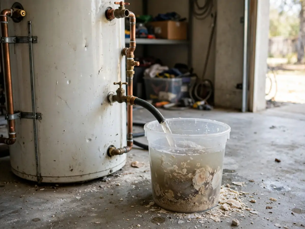 Mineral sediment flushed from a water heater into a clear bucket
