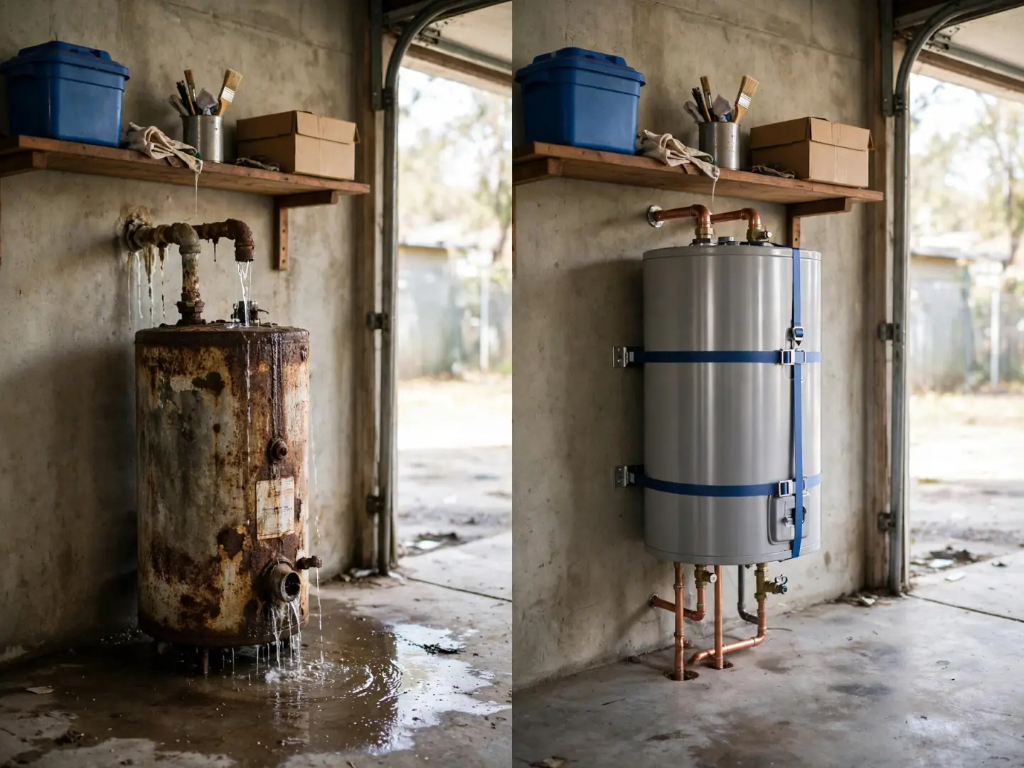 Before and after: a rusty leaking water heater replaced by a new strapped one
