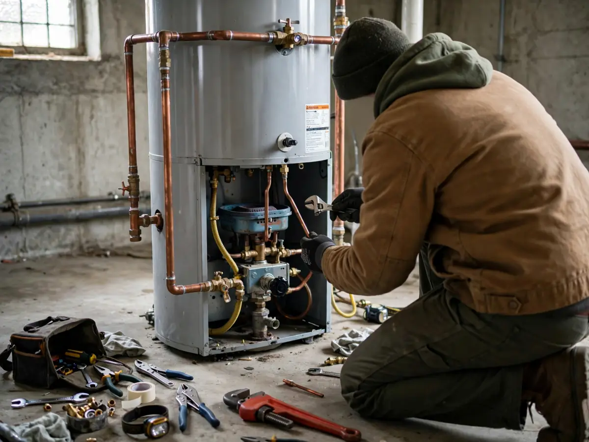 Technician replacing the thermocouple on a gas water heater's burner assembly