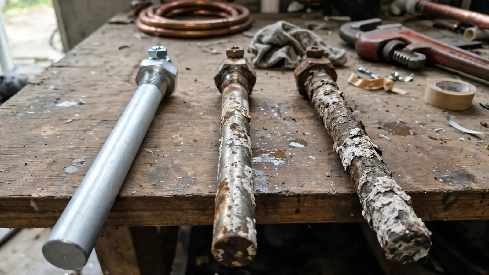 Three water heater anode rods laid out from new to fully corroded