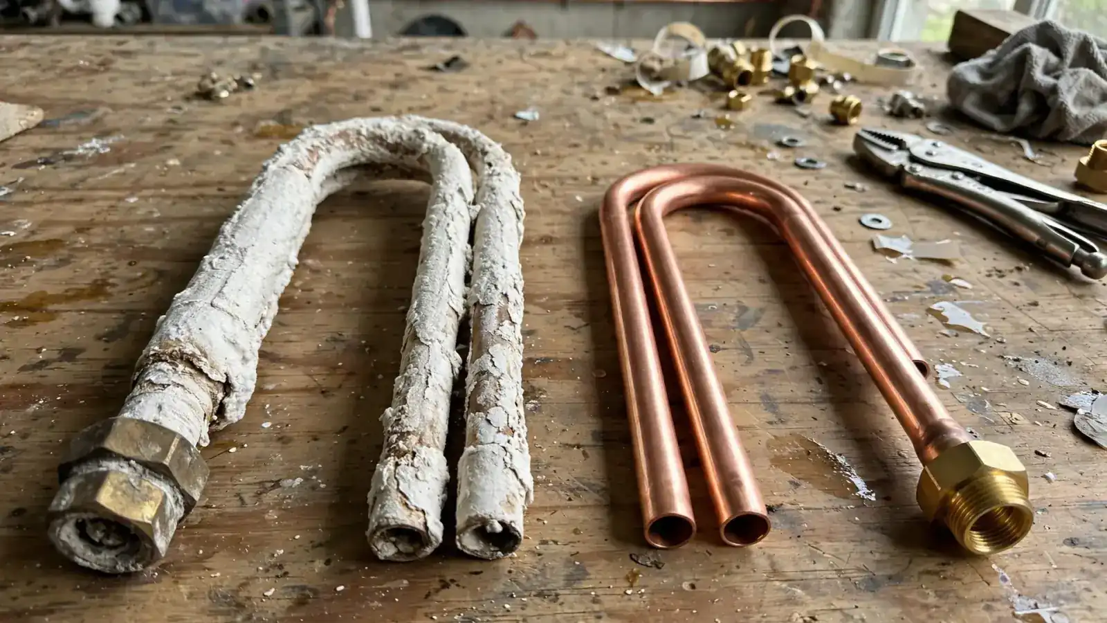 Heavily scaled U-shaped water heater element beside a clean new element with a brass base