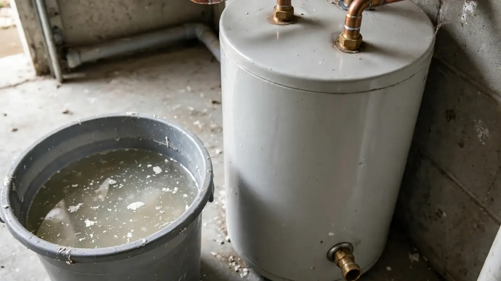 Bucket of cloudy water with white sediment flakes beside a water heater drain valve