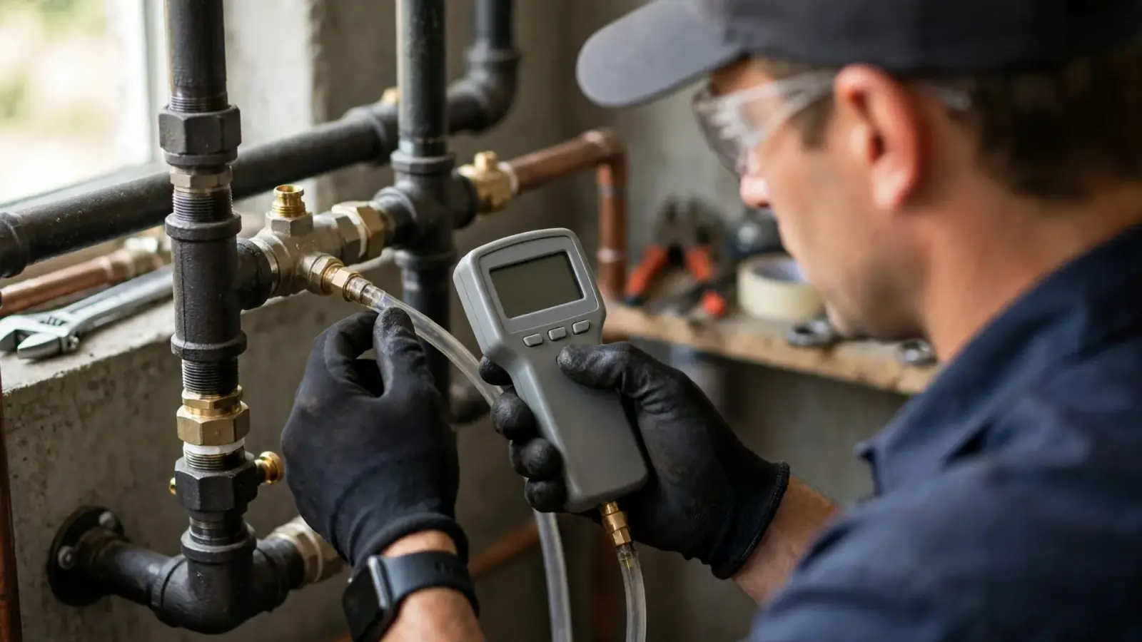 Technician testing a water heater gas valve with a manometer