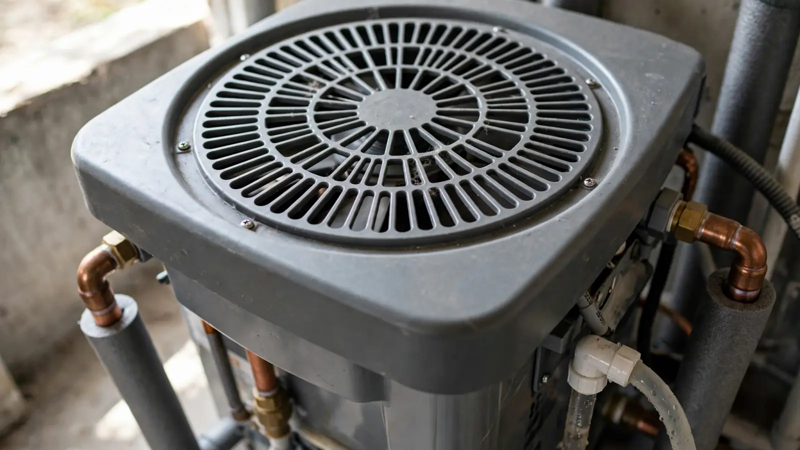 Close-up of the top of a heat pump water heater showing the air intake grille
