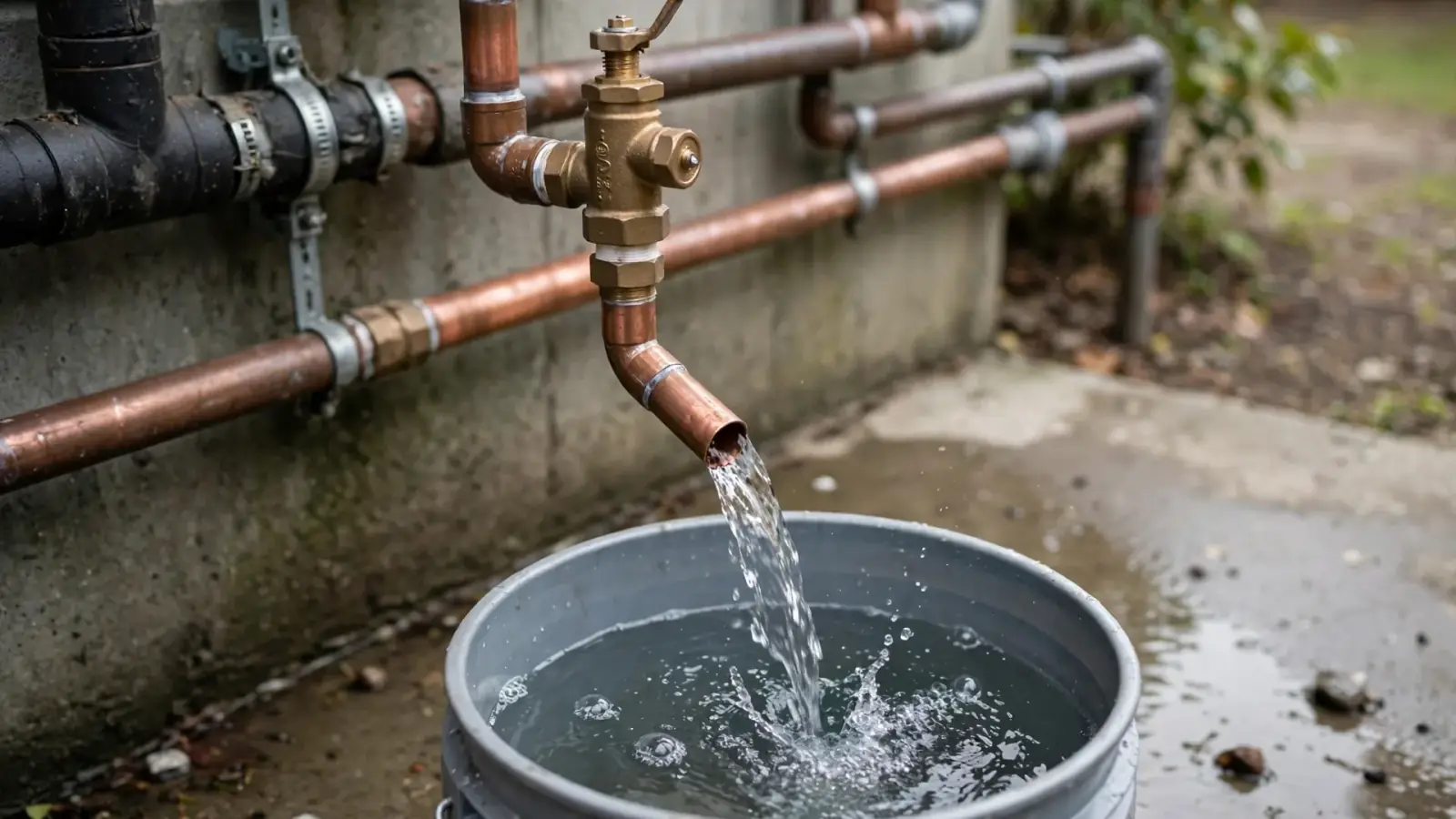 Bucket catching water from a relief valve discharge pipe during a valve test
