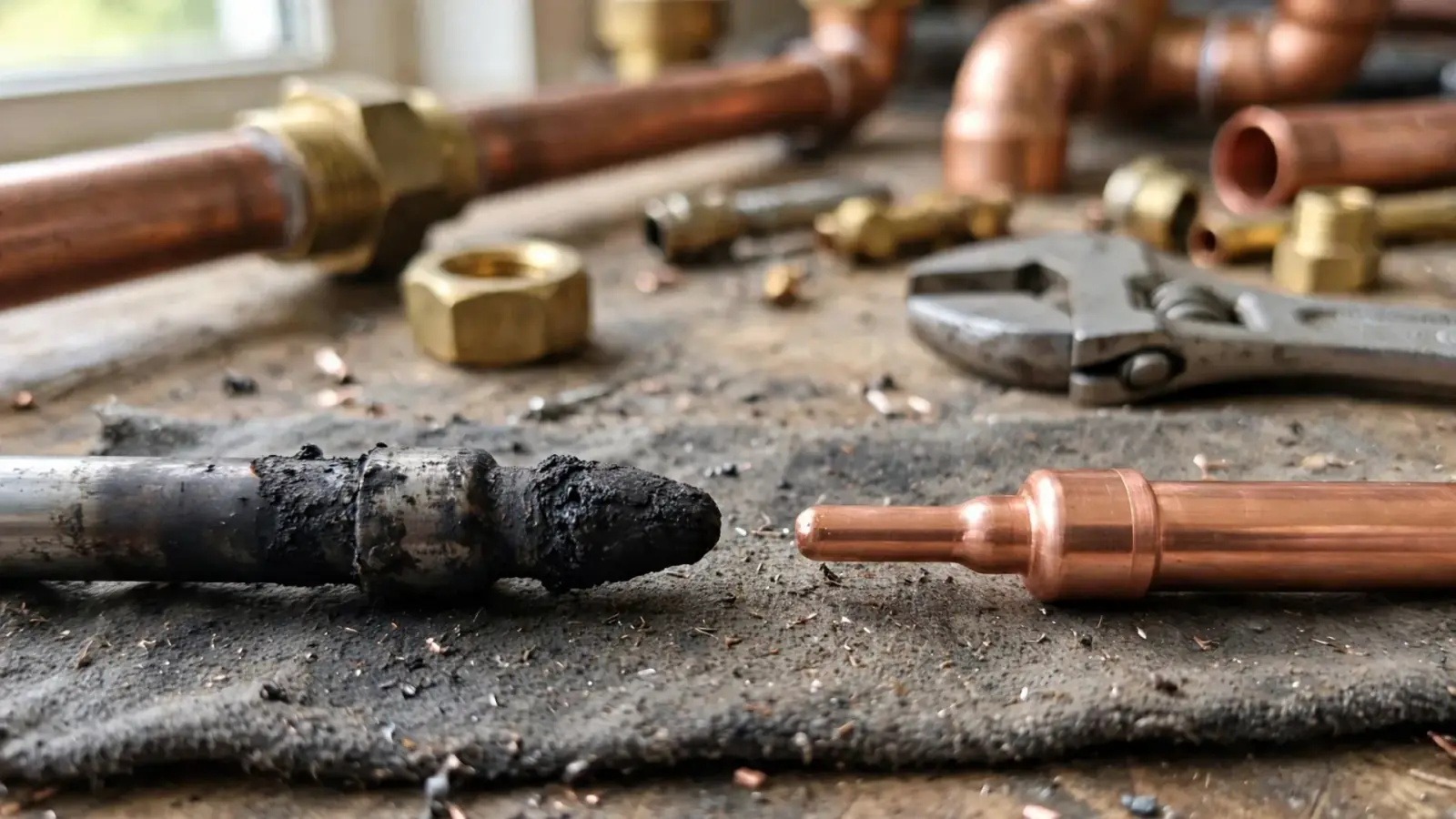 Close-up comparison of an old blackened thermocouple tip and a new copper thermocouple