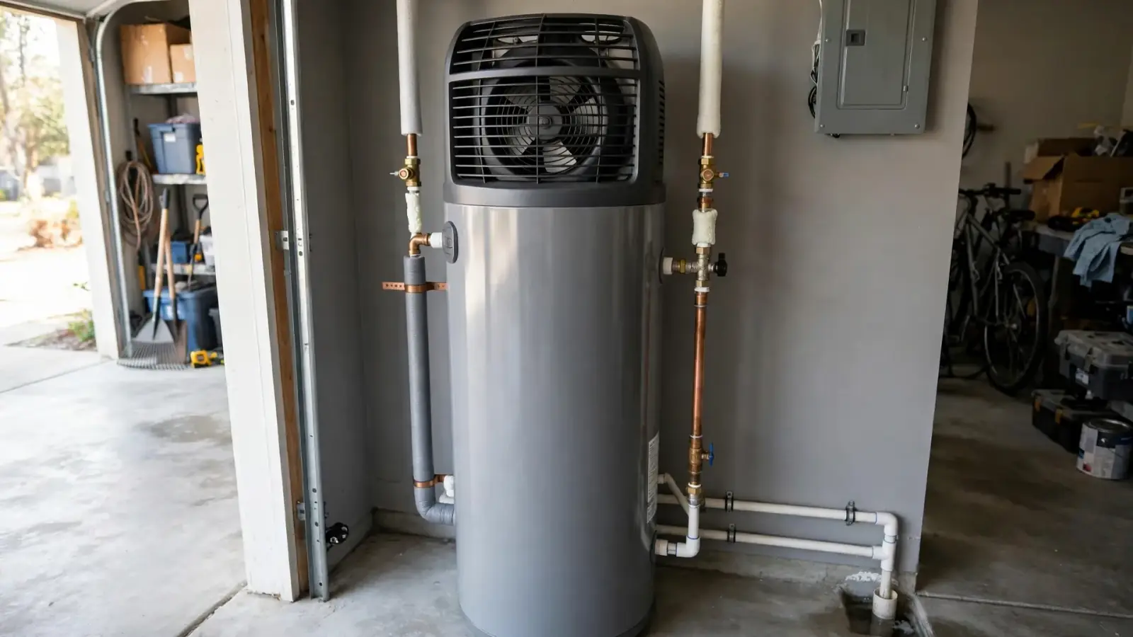 Heat pump water heater with a fan unit on top installed in a garage, with a condensate line
