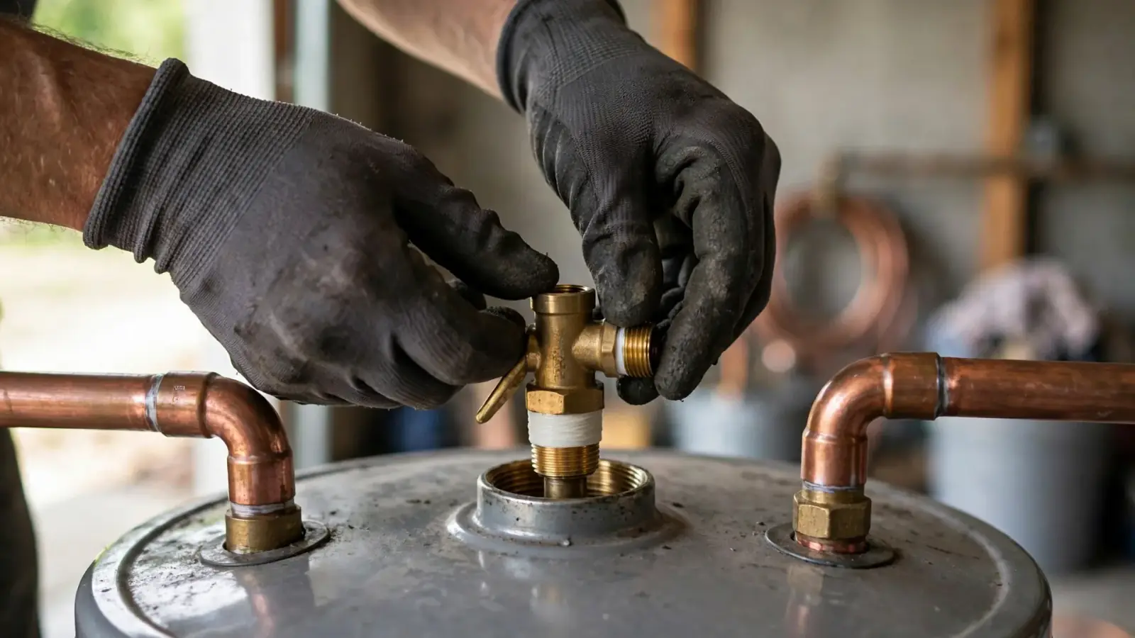 Gloved hands threading a new relief valve into a fitting on top of a water heater