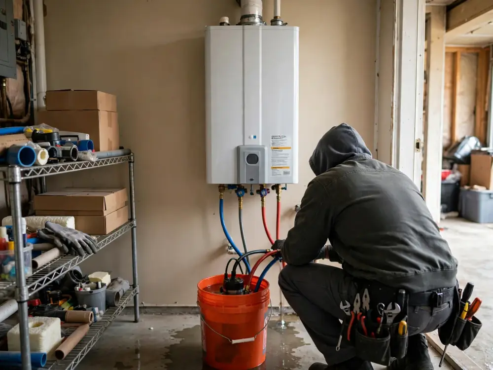 Technician descaling a tankless water heater with a pump and orange bucket