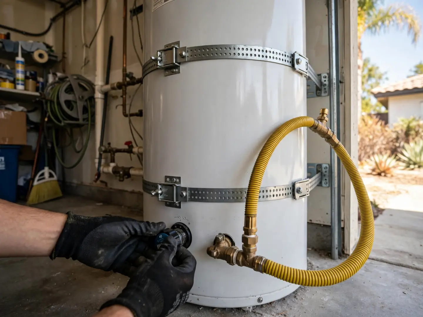 Gloved hands working on the gas control of a strapped water heater