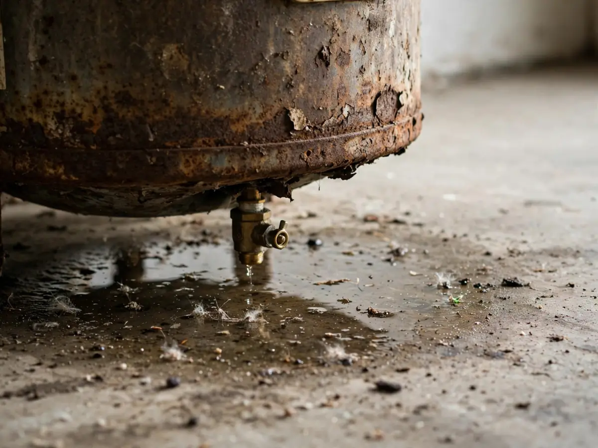 Water pooling on a garage floor at the rusted base of an old tank water heater, drain valve visible